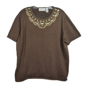 Alfred Dunner Shirt Women's 2X Brown Beaded Neckline Short Sleeves